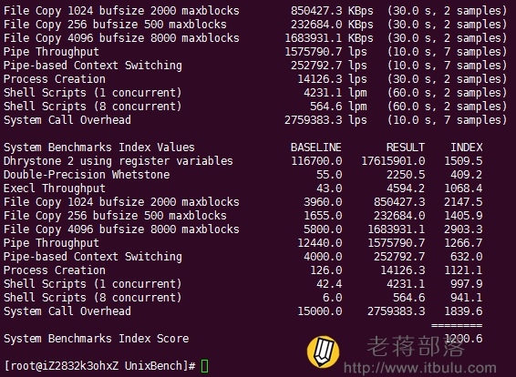 阿里云服务器UnixBench跑分测试